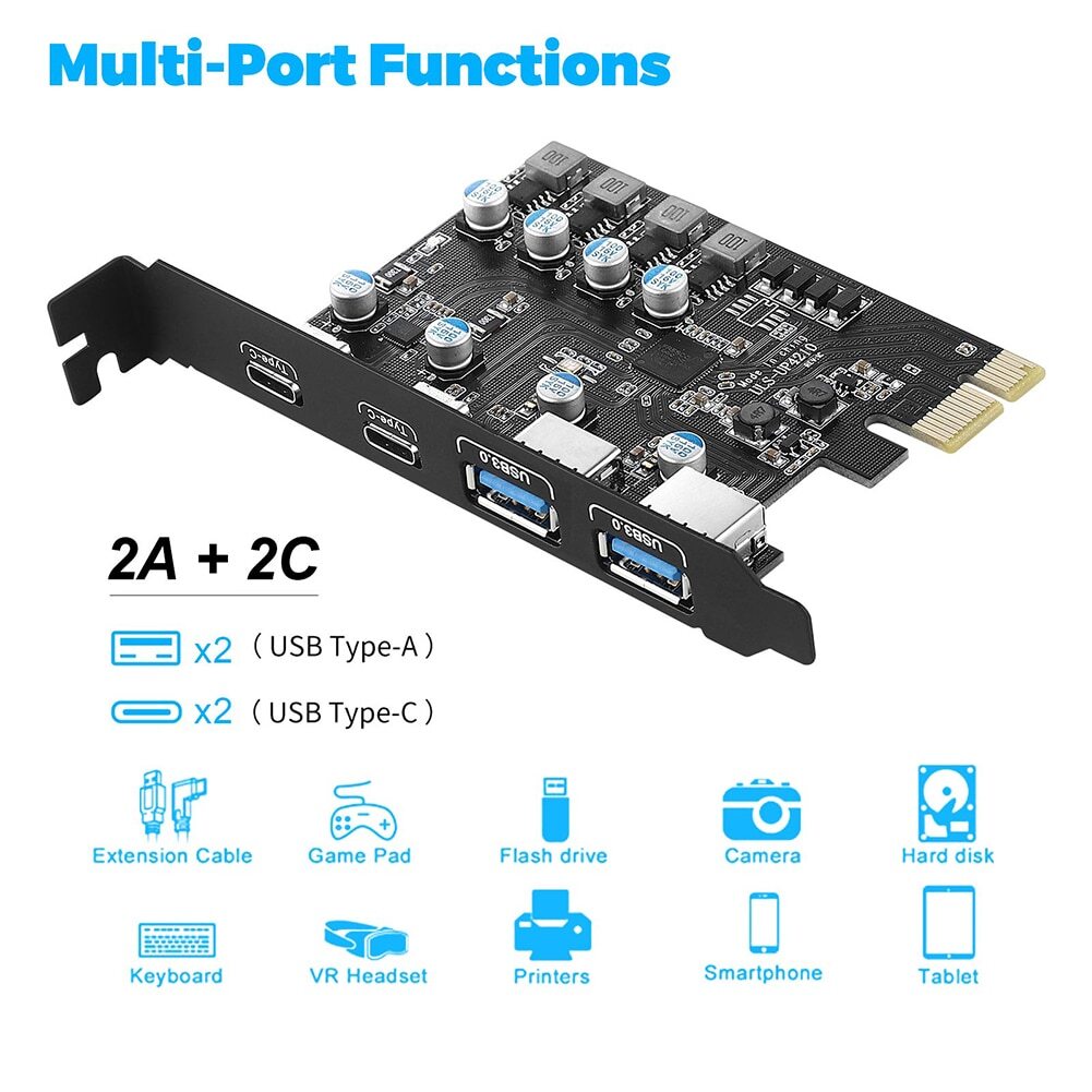 PCIE x1 Card Adapter gen1 with 2 USB3.0 Type-A and 2 USB3.0 Type-C Ports