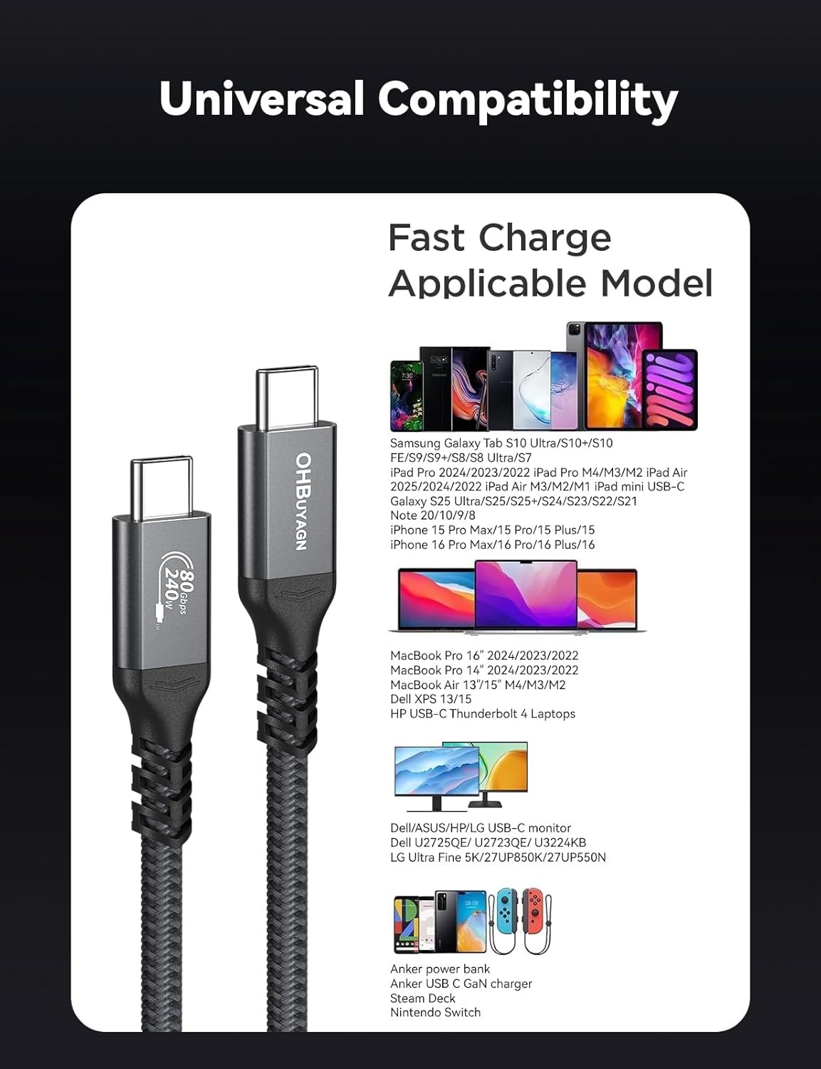 80Gbps USB 4 Cable V2 for Thunderbolt 4 3.3ft, PD 3.1 240W Fast 3.3FT