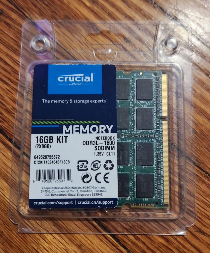Crucial 16GB Kit 2x 8GB DDR3 DDR3L 1600 MHz PC3L-12800 Sodimm Memory RAM – NEW