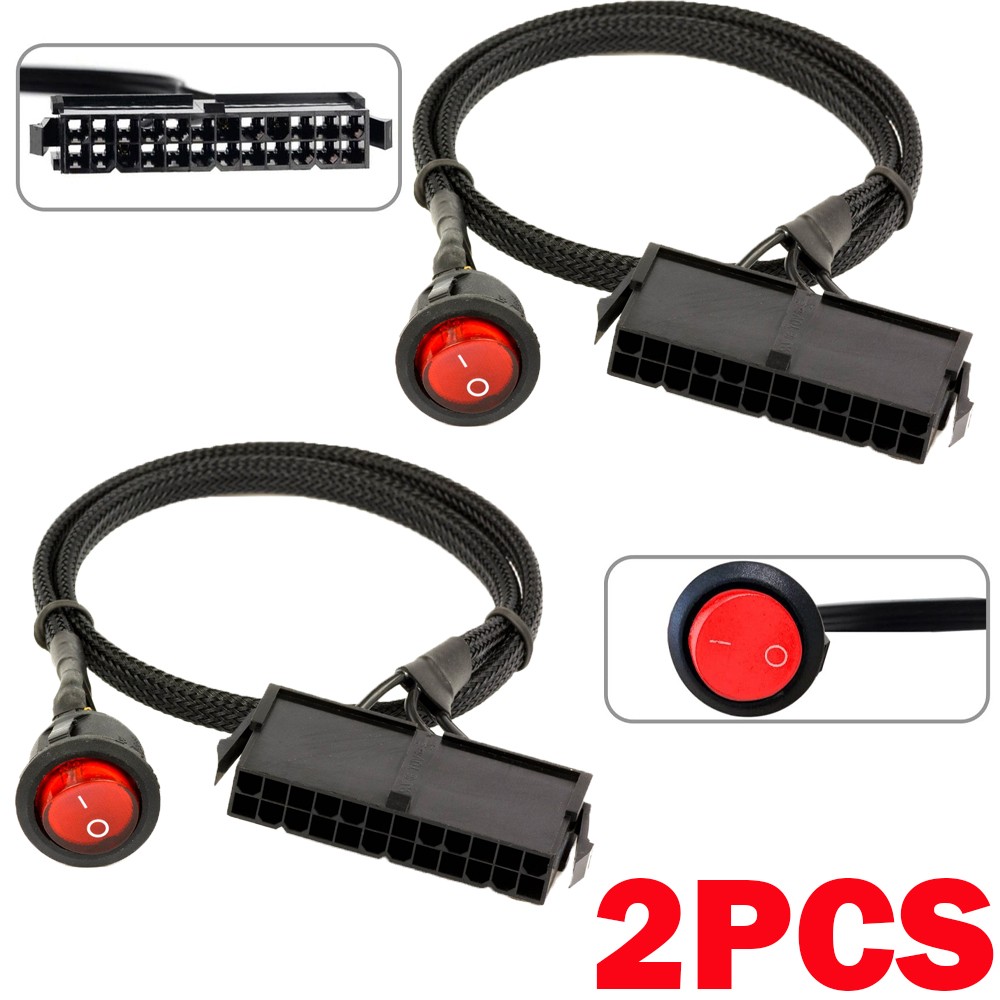 2X ATX Power Jumper Cable 24 Pin ATX Red LED Power On/Off Switch Bridge Adapter