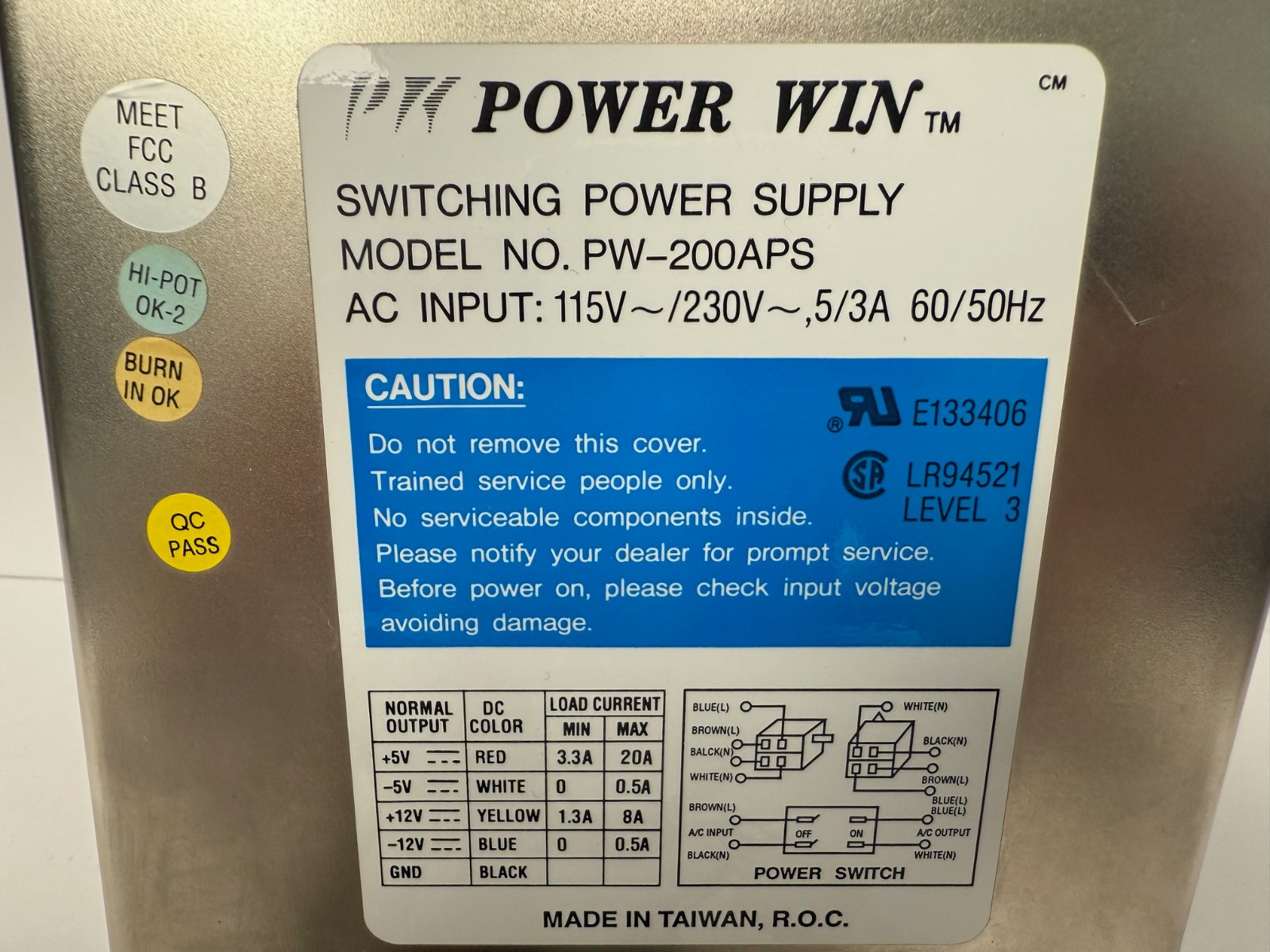 POWER WIN PW-200APS 200 WATT SWITCHING POWER SUPPLY 115V-230V 60/50HZ