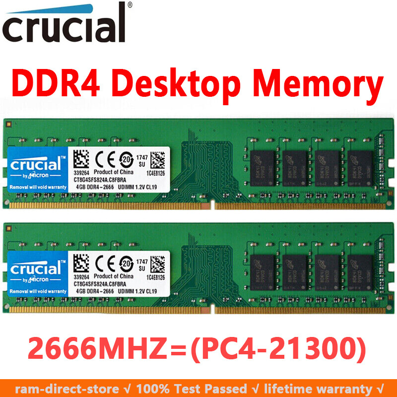 Crucial DDR4 8GB 2X4GB 2666 Mhz PC4-21300 288pins Desktop Memory Dimm Ram