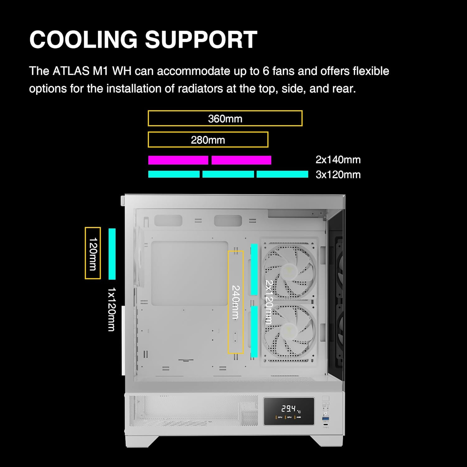 White Mid Tower Gaming Computer Case W/Display& App, ATX Tempered Glass PC Case,