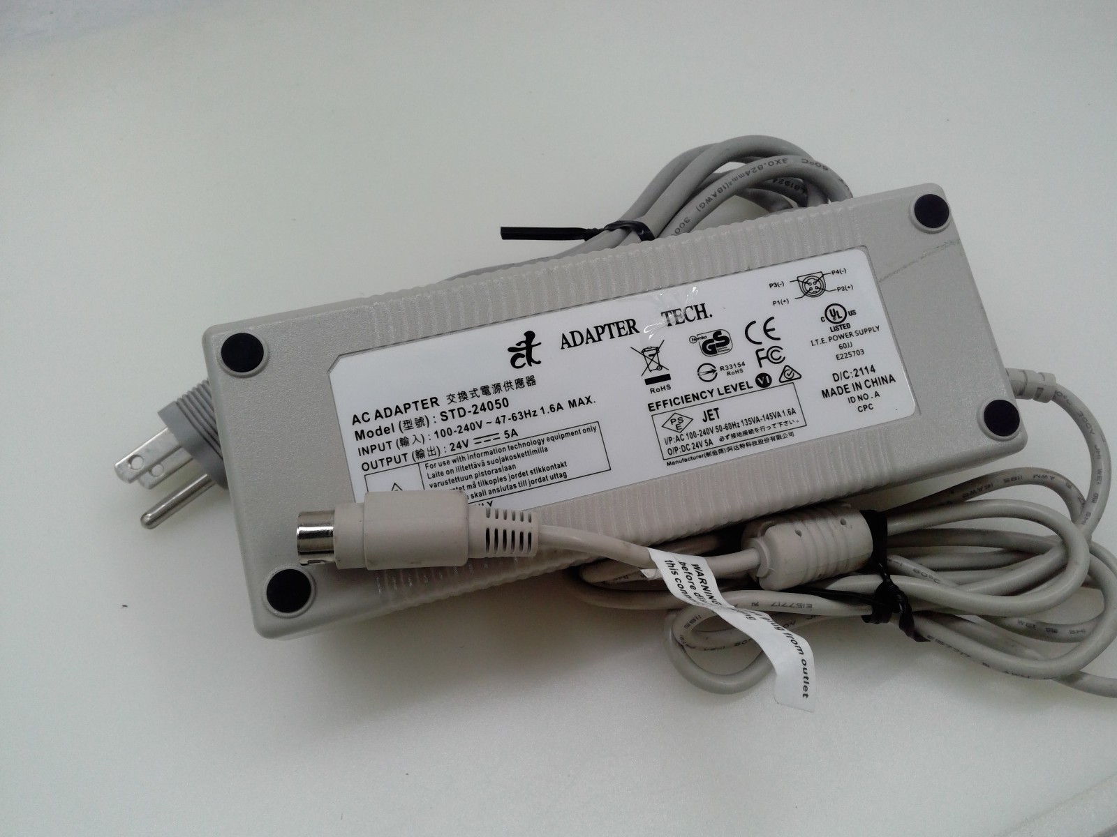 Genuine Adapter Tech STD-24050 AC Adapter 24V 5A Power Supply 4-Pin Connector