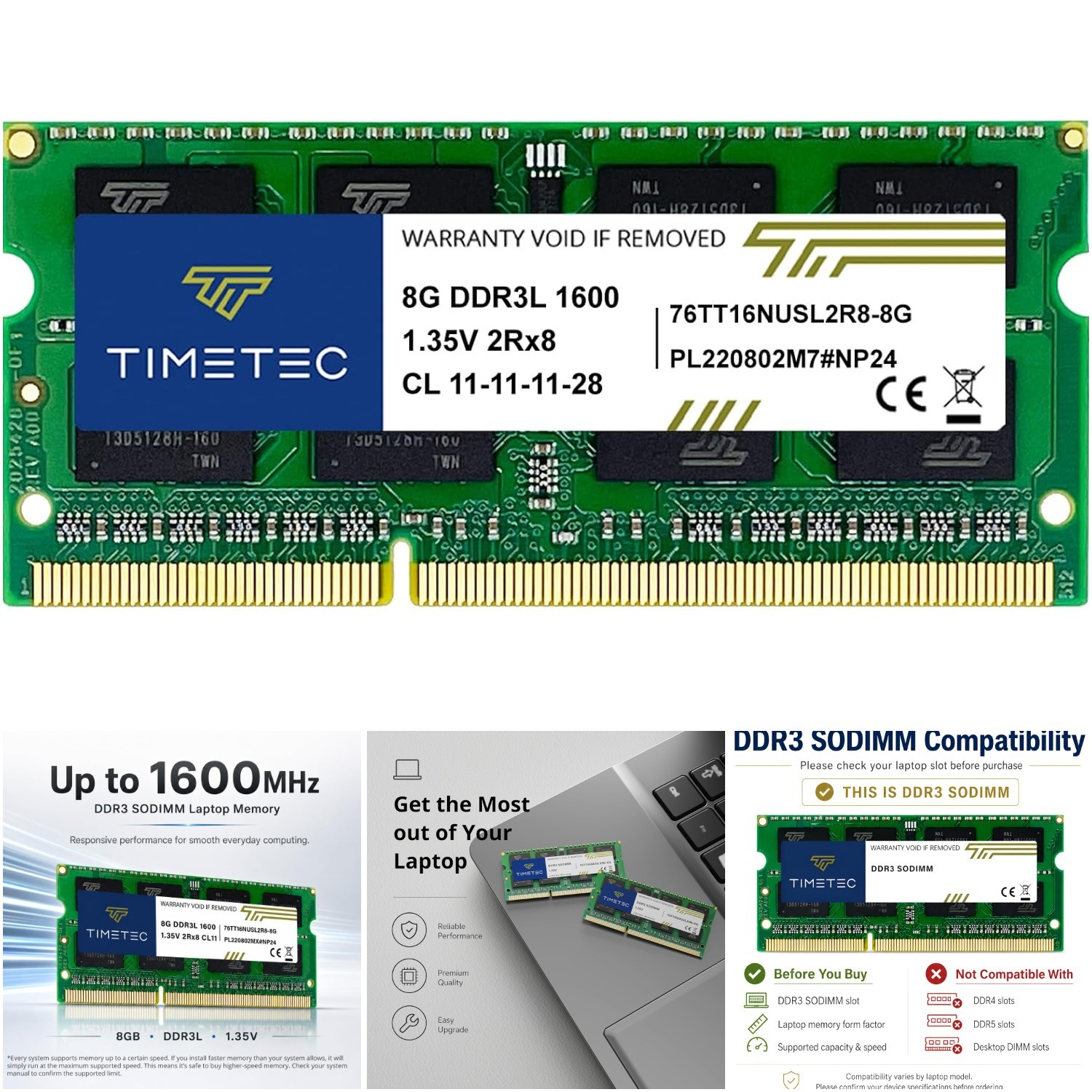8GB DDR3L 1600MHz PC3L-12800 Laptop Memory RAM Module CL11 Non-ECC Unbuffered
