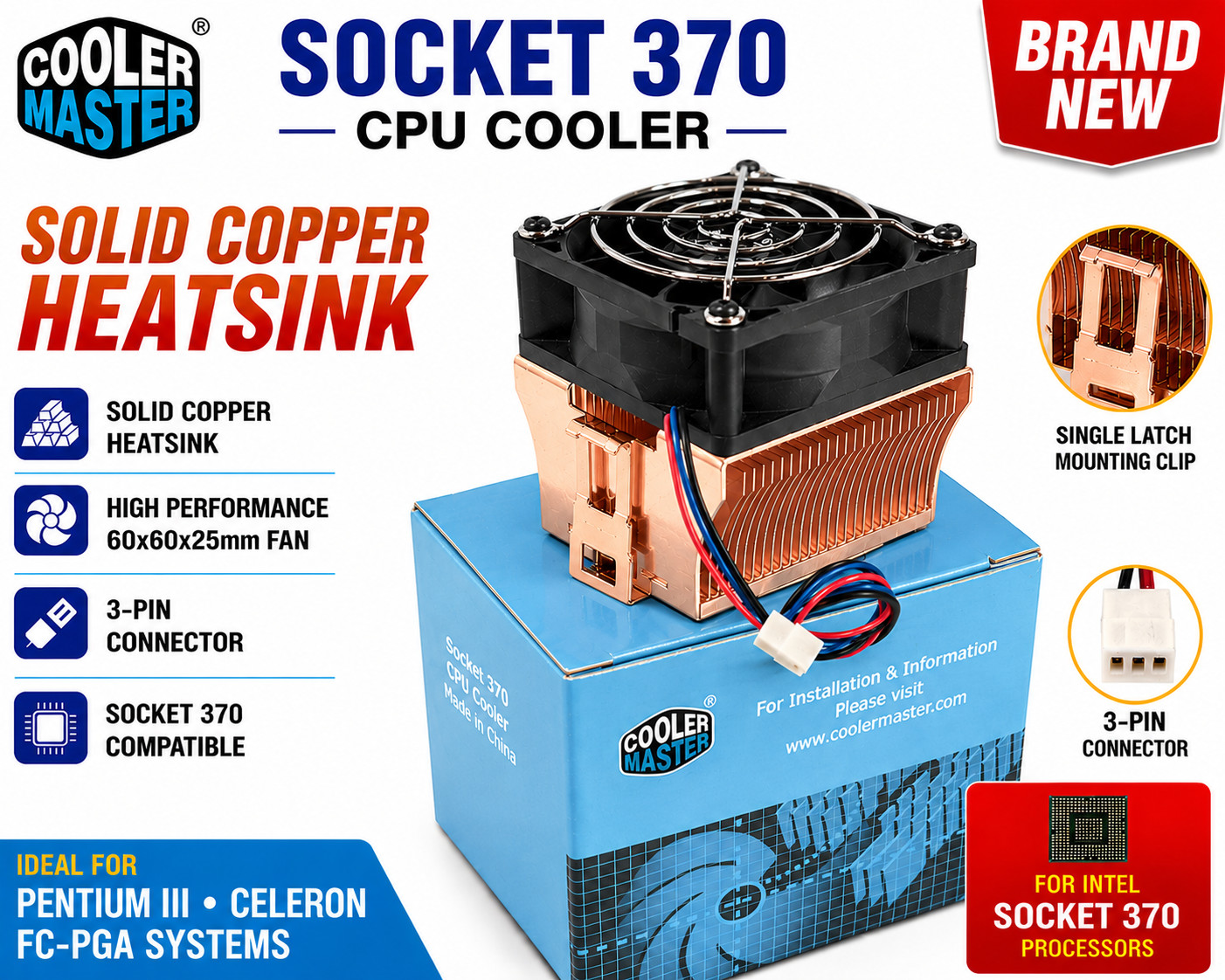 Cooler Master Socket 370 CPU Cooler Full Copper Heatsink 70x70x25mm Fan