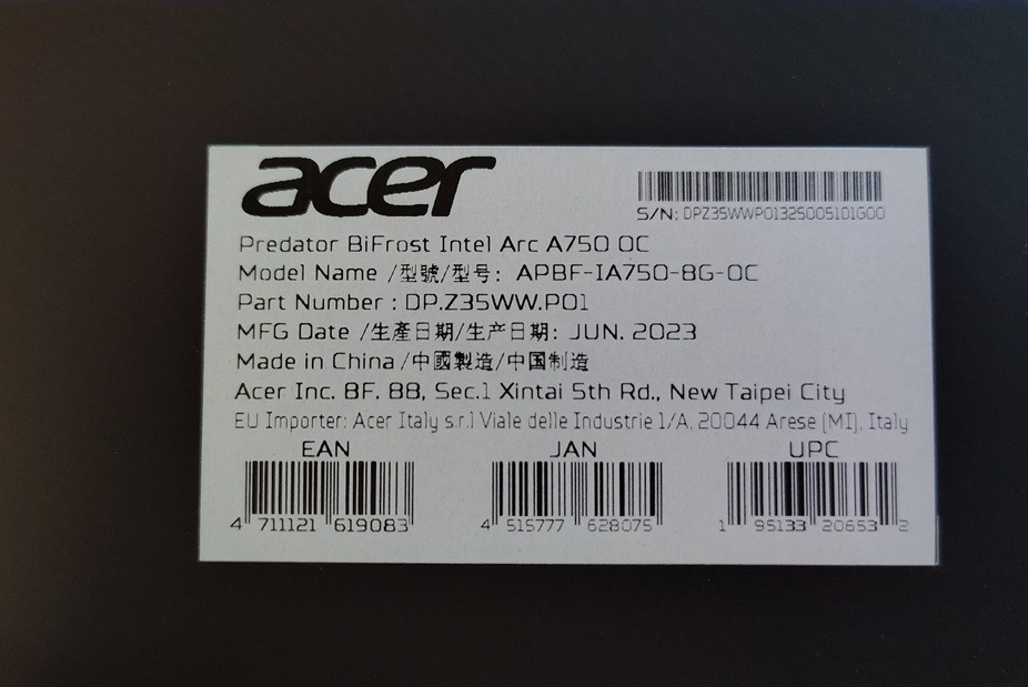 ACER Predator BiFrost Intel Arc A750 Overclocked Graphics Card 8GB GDDR6