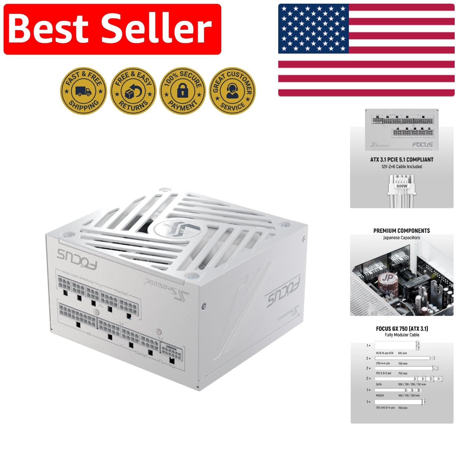 Compact Focus GX 750W Platinum PSU – Air-Cooled, Compatible with AMD RX 9000