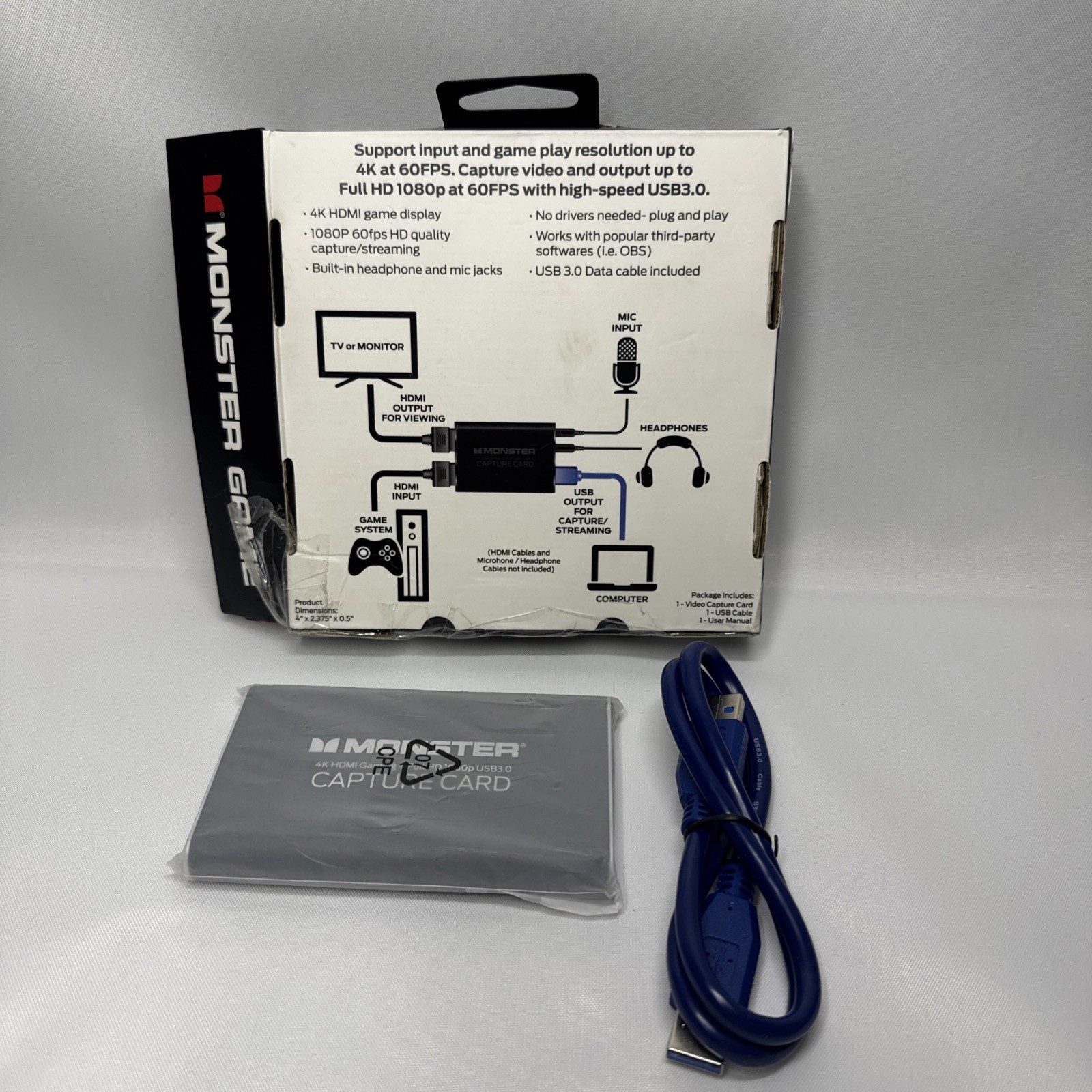 Monster 4K HDMI Gaming Capture Card Full HD 1080p with USB 3.0 ( Open Box )