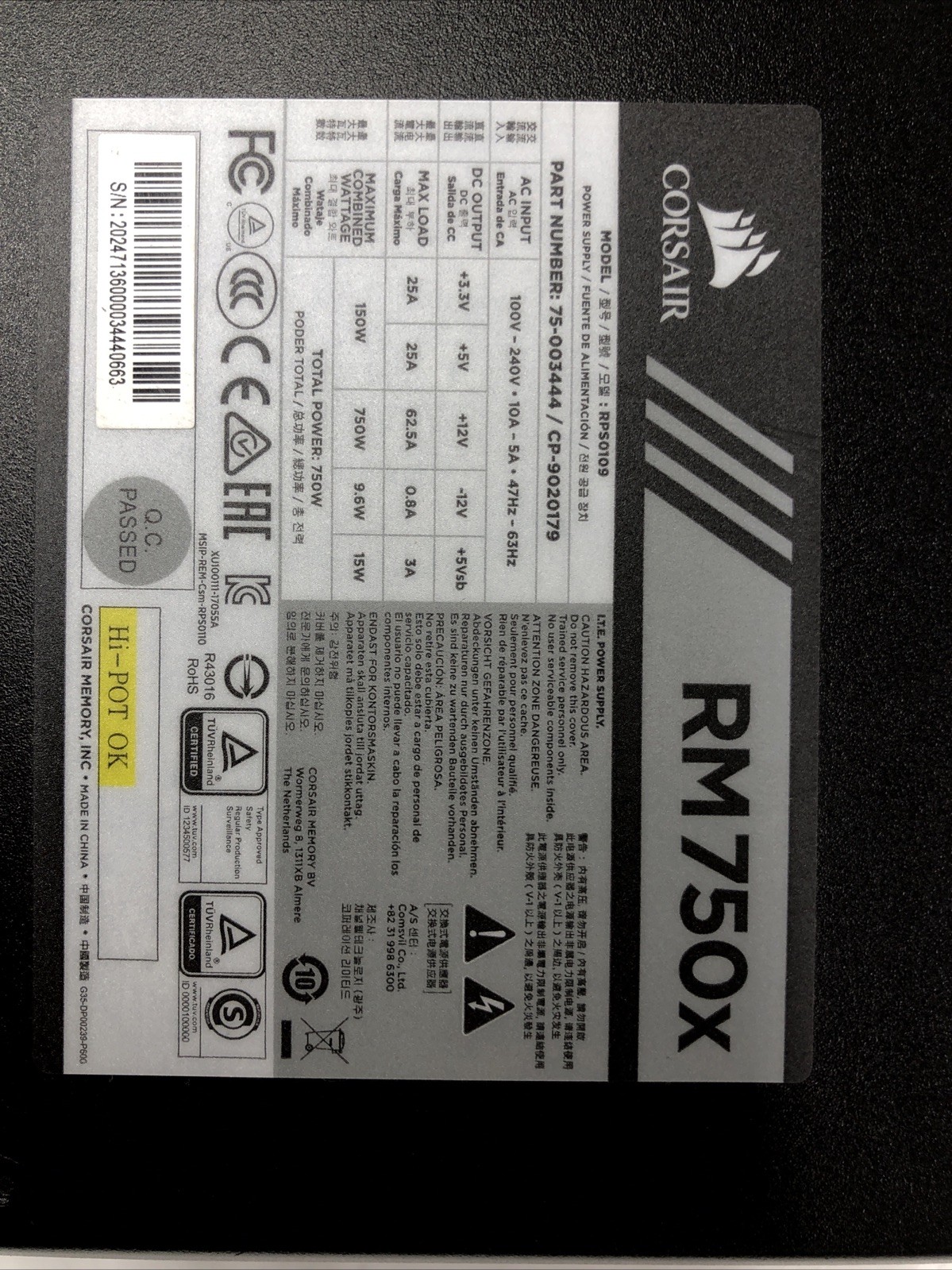 Corsair RM750x 80 Plus Gold 750W Fully Modular Switching Power Supply RPS0109