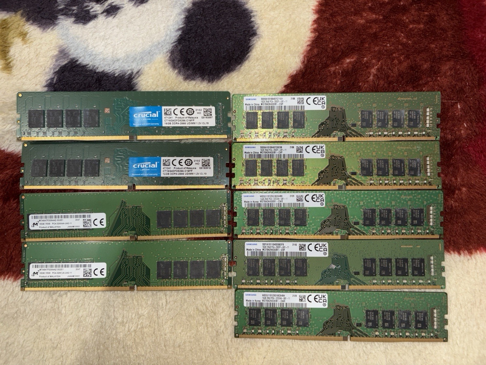 LOT Of 9 16GB Mixed Lot Crucial/Samsung/Micron RAM Sticks