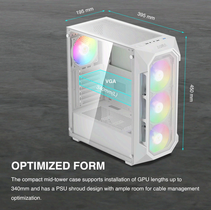 White ATX Mid Tower Gaming Computer PC Case w/Tempered Glass, Built-in 4X 120mm