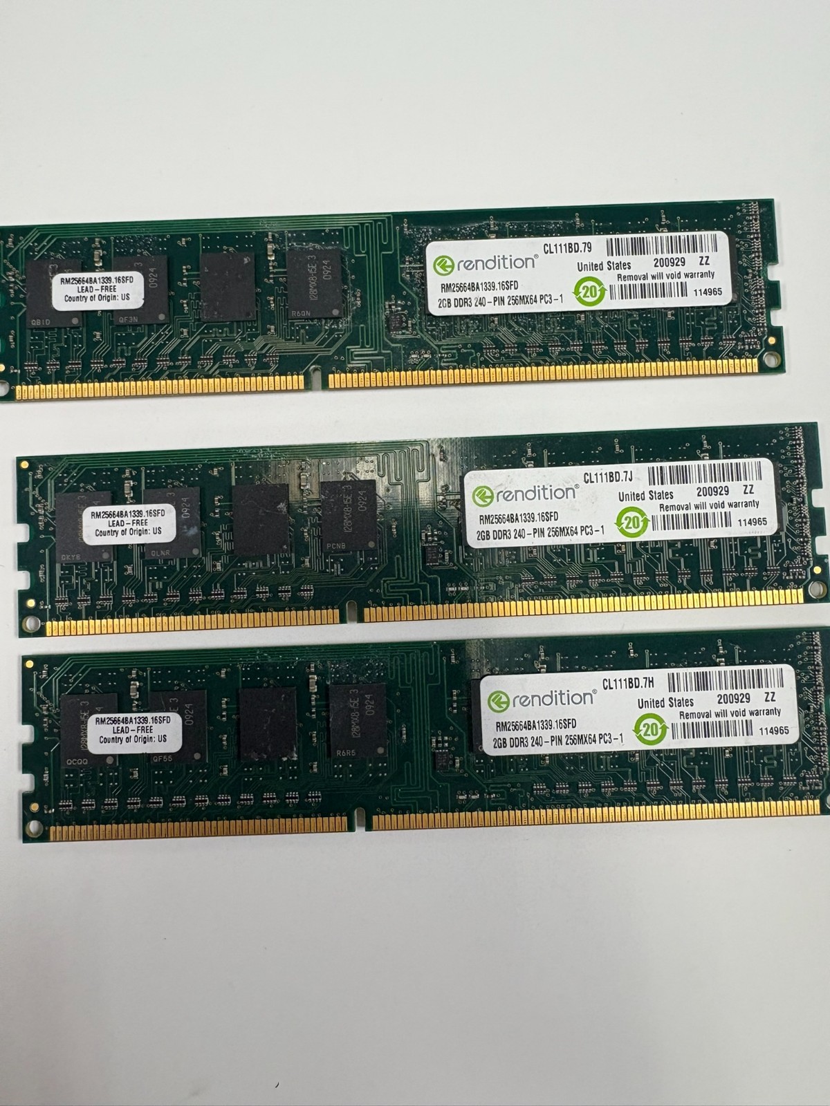 Lot 3× Rendition 2GB DDR3 240-Pin RM25664BA1339 PC3-10600U