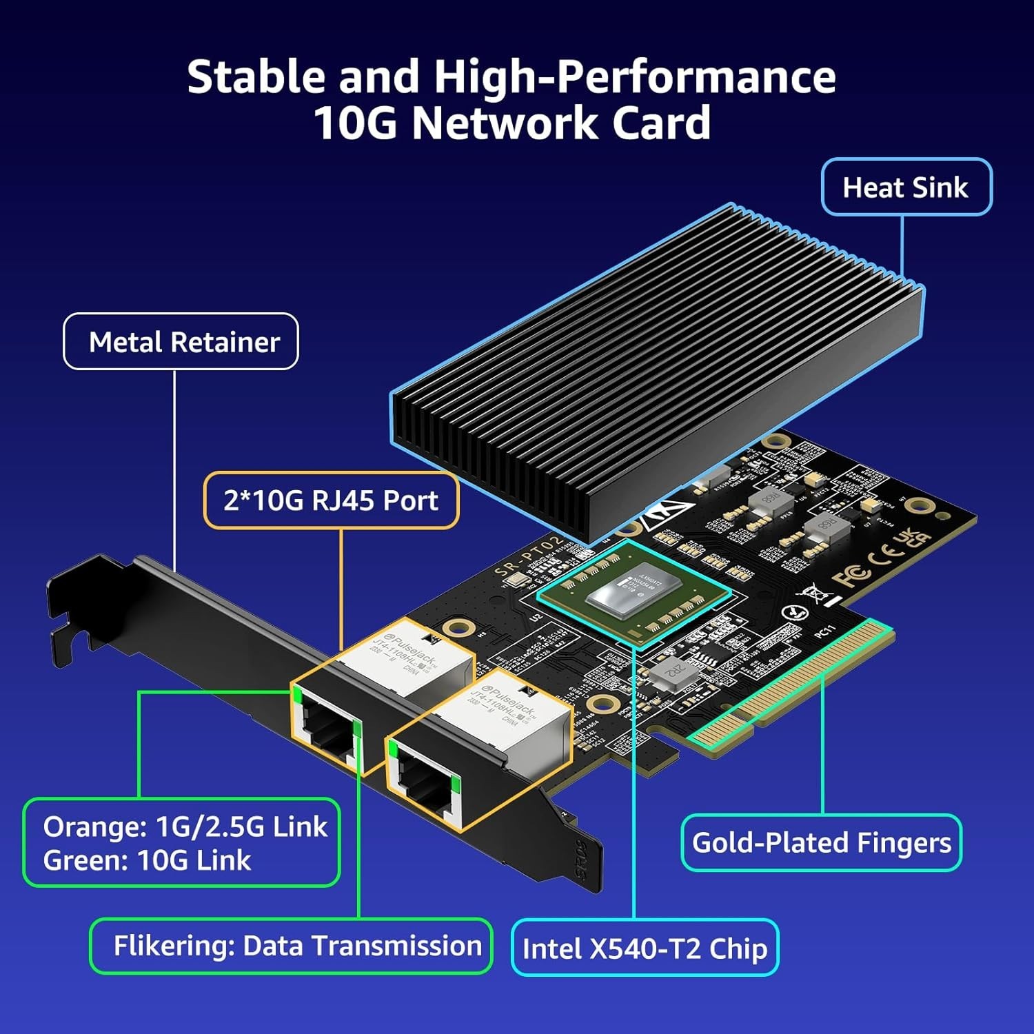 Dual 10Gbps RJ45 Ethernet Adapter Card – Intel X540-T2 for PCI Express X8/X16