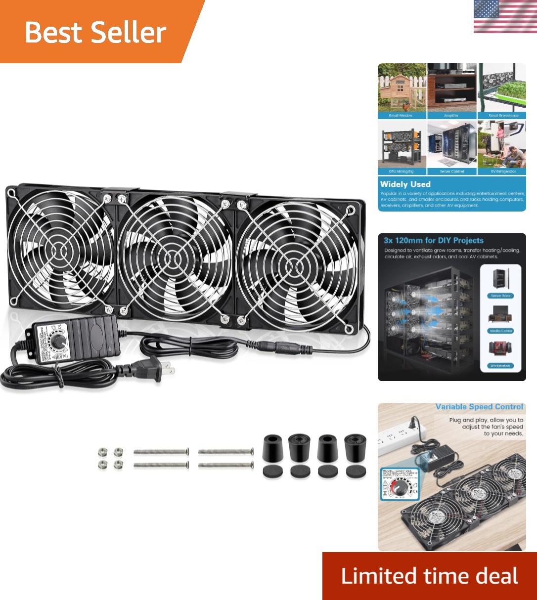 Big Airflow 3 x 120mm Fans DC 12V Powered Fan with AC 110V – 240V Speed Contr…