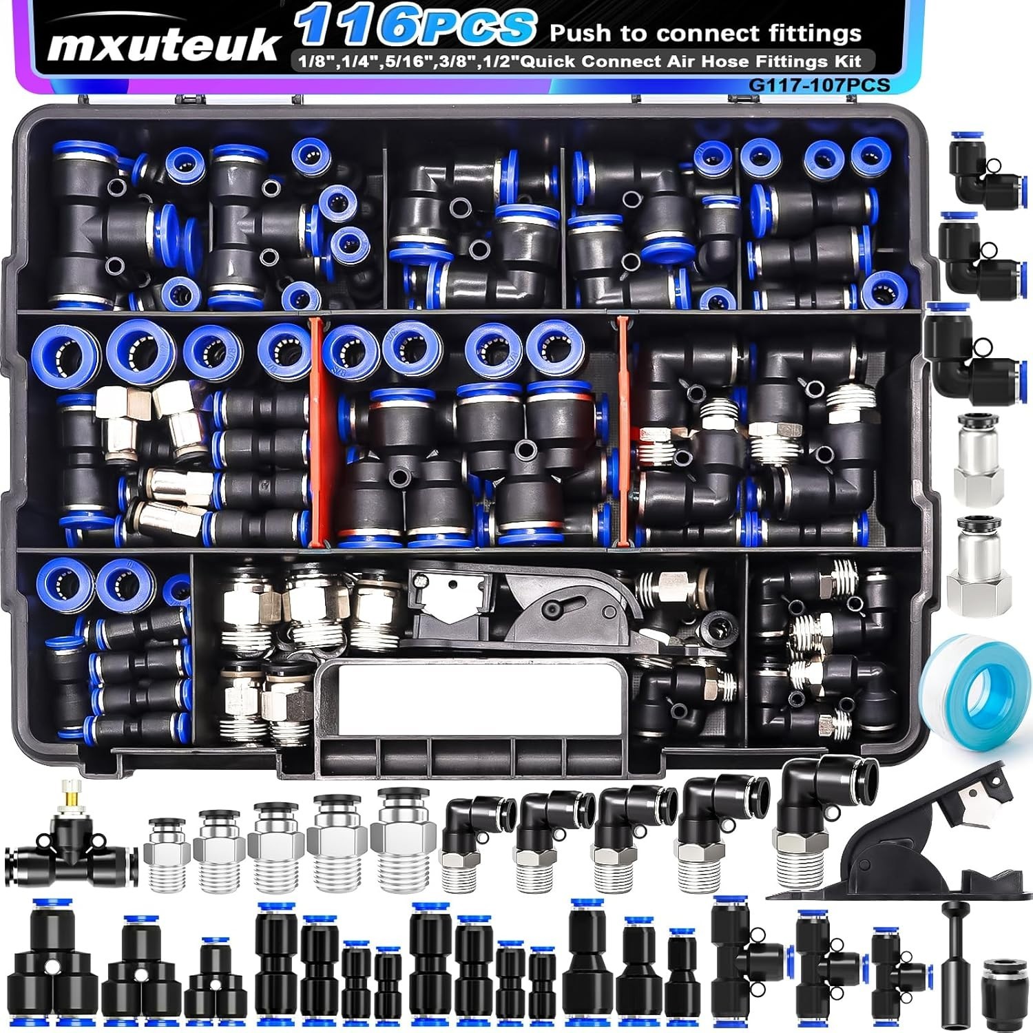 116PCS Air Line Quick Connect Fittings,1/8,1/4,5/16,3/8,1/2,4/6/8/10Mm OD P