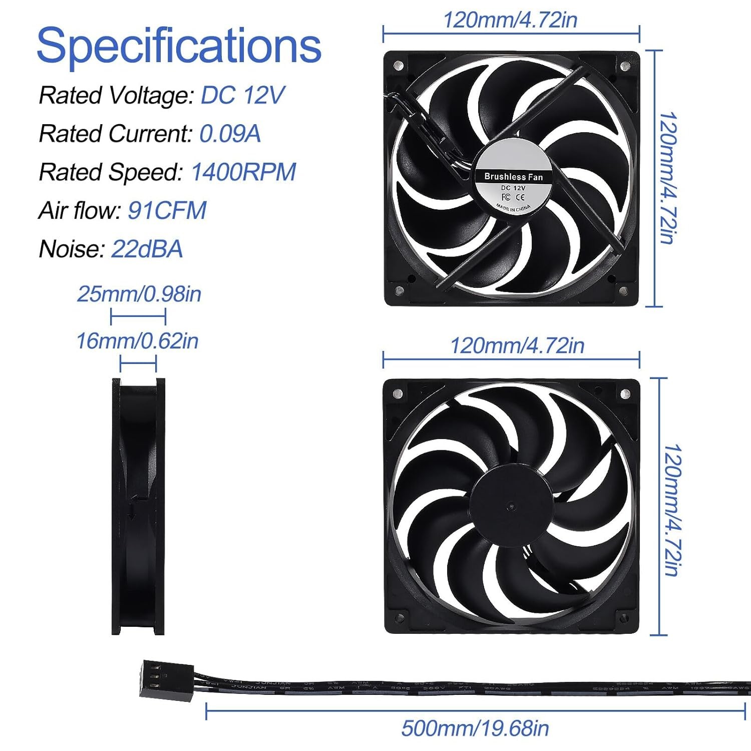 4-Pack 120Mm 120X120X25Mm 12V Black Computer Case Fans High Performance Cooling