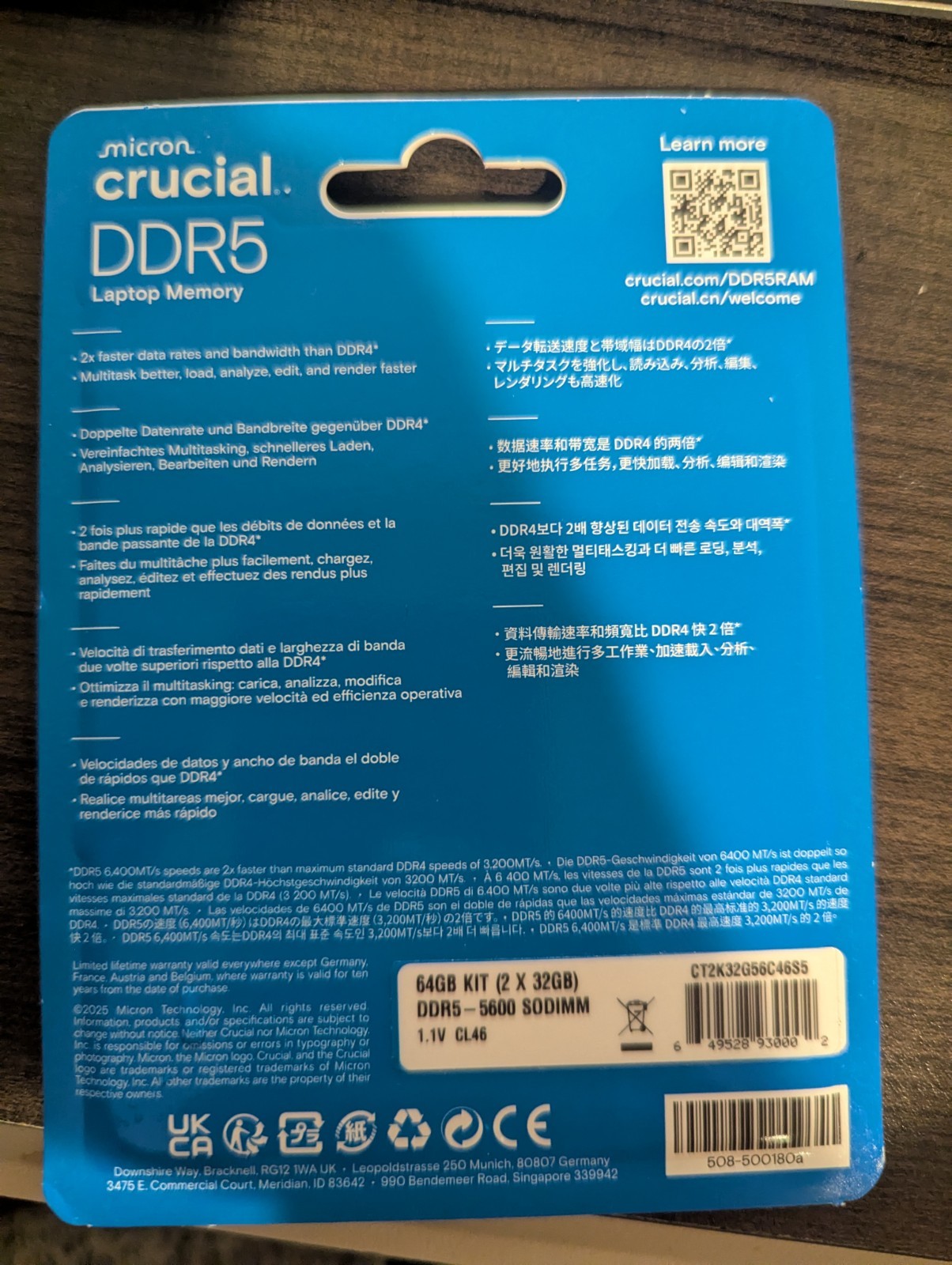 Crucial 64GB 262-Pin DDR5 SO-DIMM DDR5 5600 (PC5 44800) Laptop Memory Model CT64