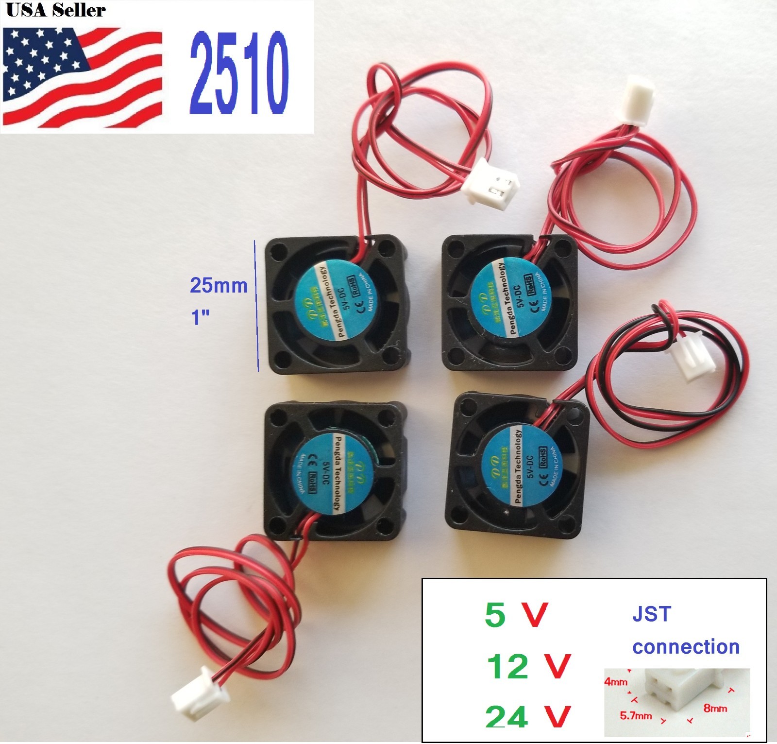 4 Pcs 5V 12V 24V 25mm Cooling Computer Fan 2510 25x25x10mm DC 3D Printer 2-Pin