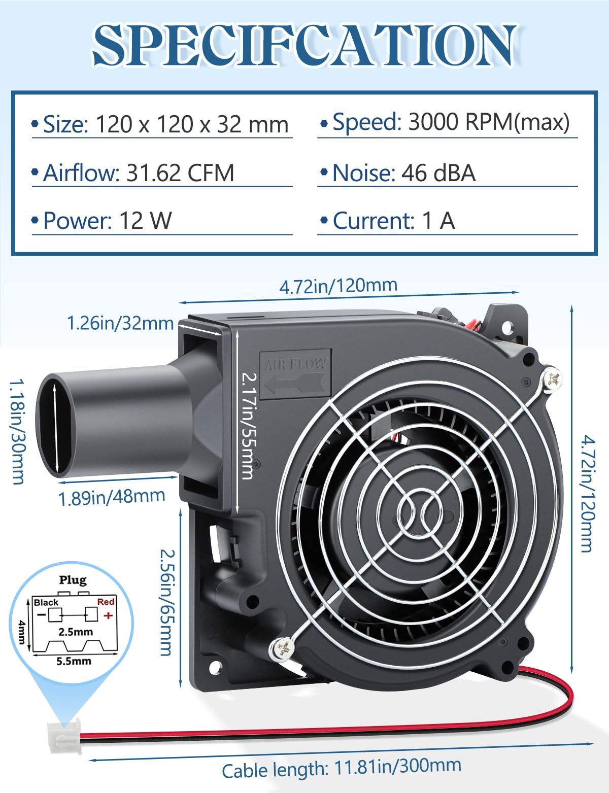 IP67 120mm x 32mm 12v DC Cooling Blower Fan Dual Ball Bearing 2pin Brushless …