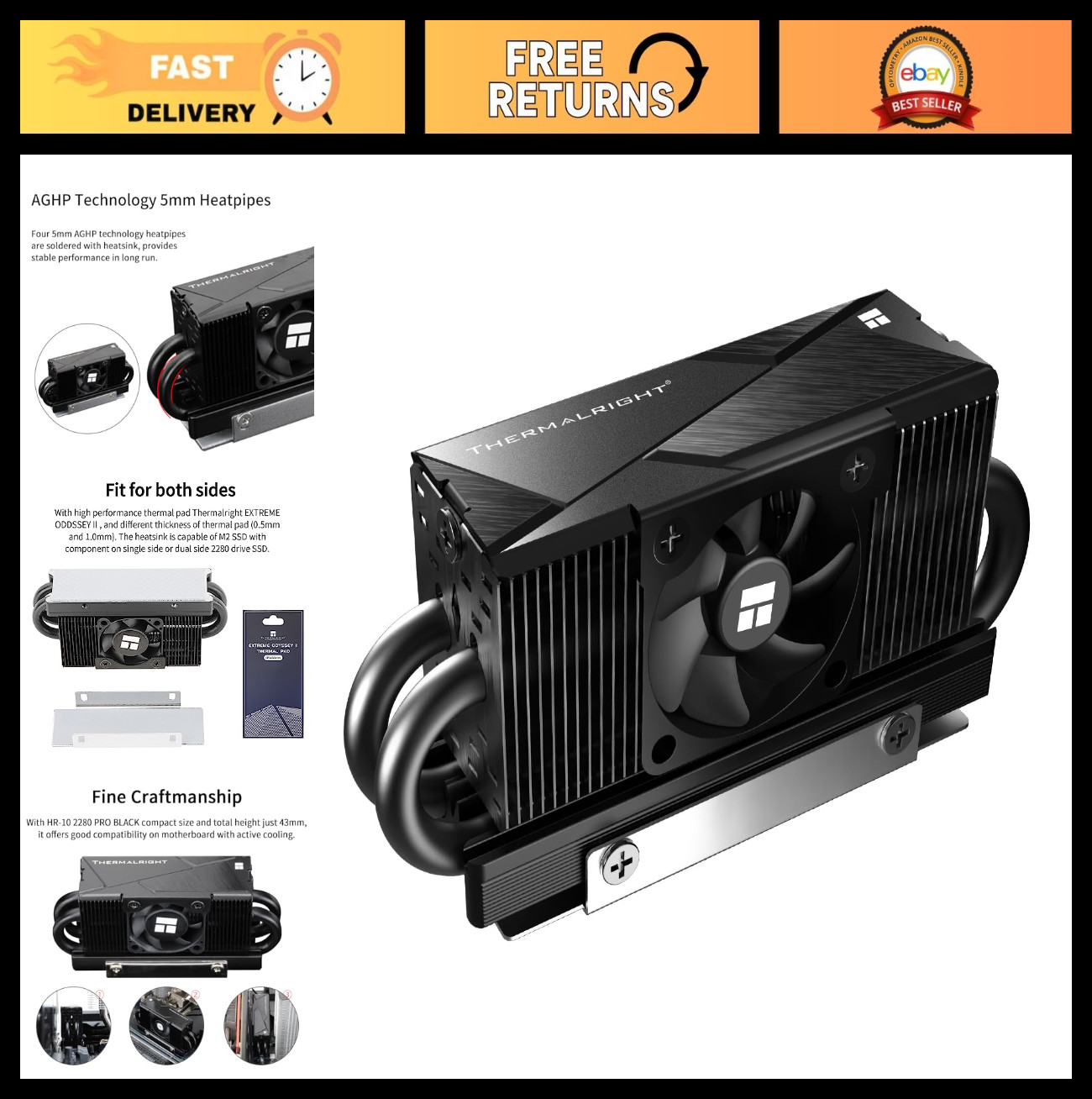M.2 2280 SSD Cooler Heatsink, Double-Sided Heat Sink with 4 Heatpipes & Thermal