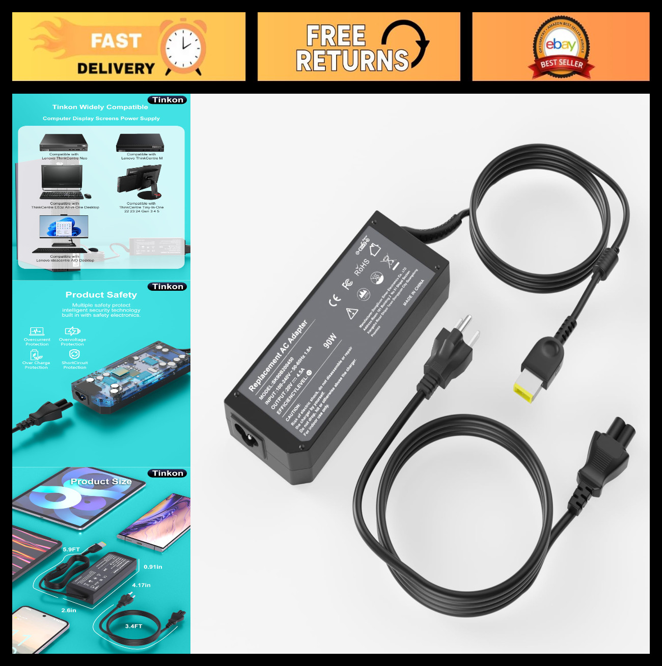 90W AC Power Supply for Lenovo Thinkcentre Tiny M70q M73 M75q M80q M90q M920q