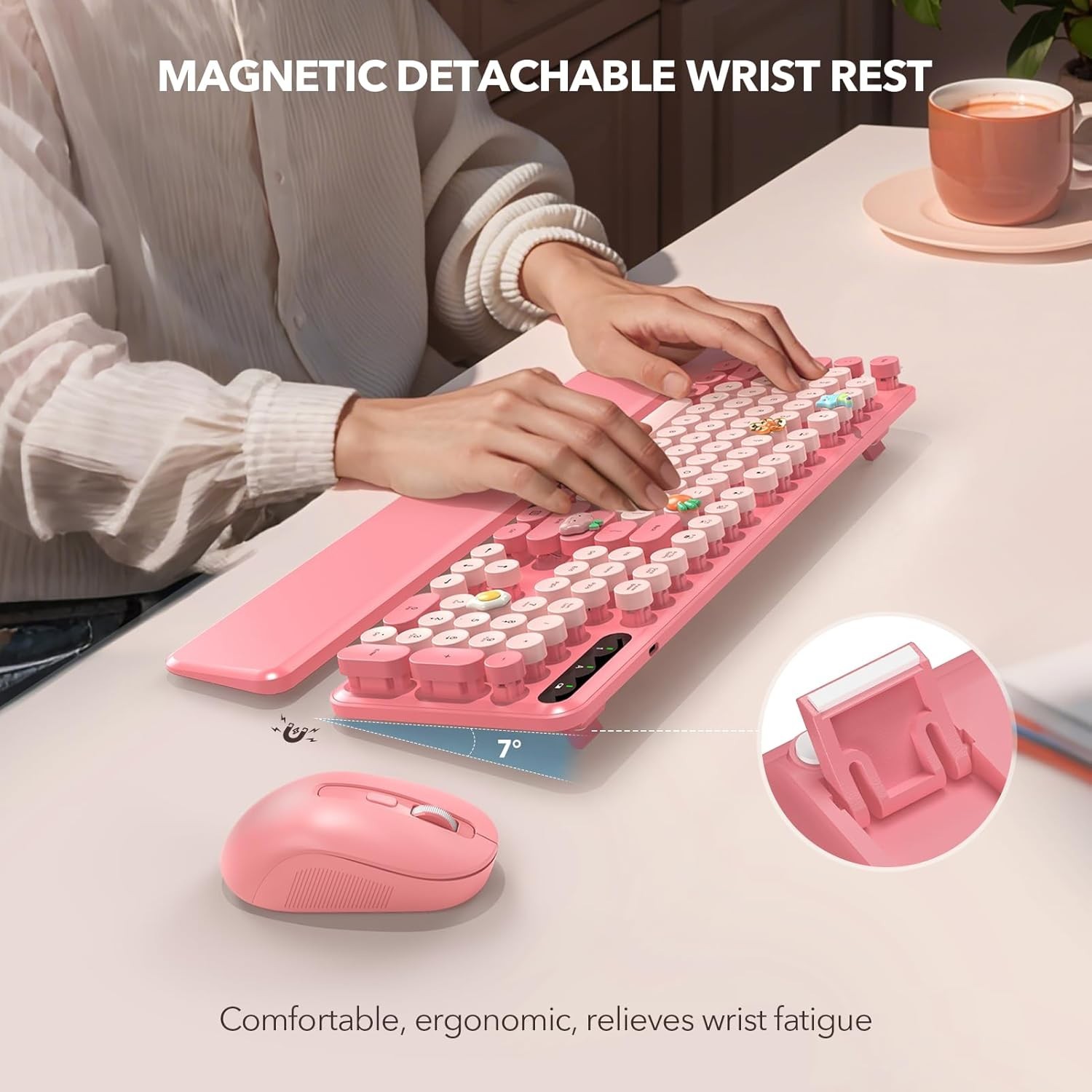Pink Wireless Keyboard Mouse Combo Retro Typewriter Round Keys Wrist Rest