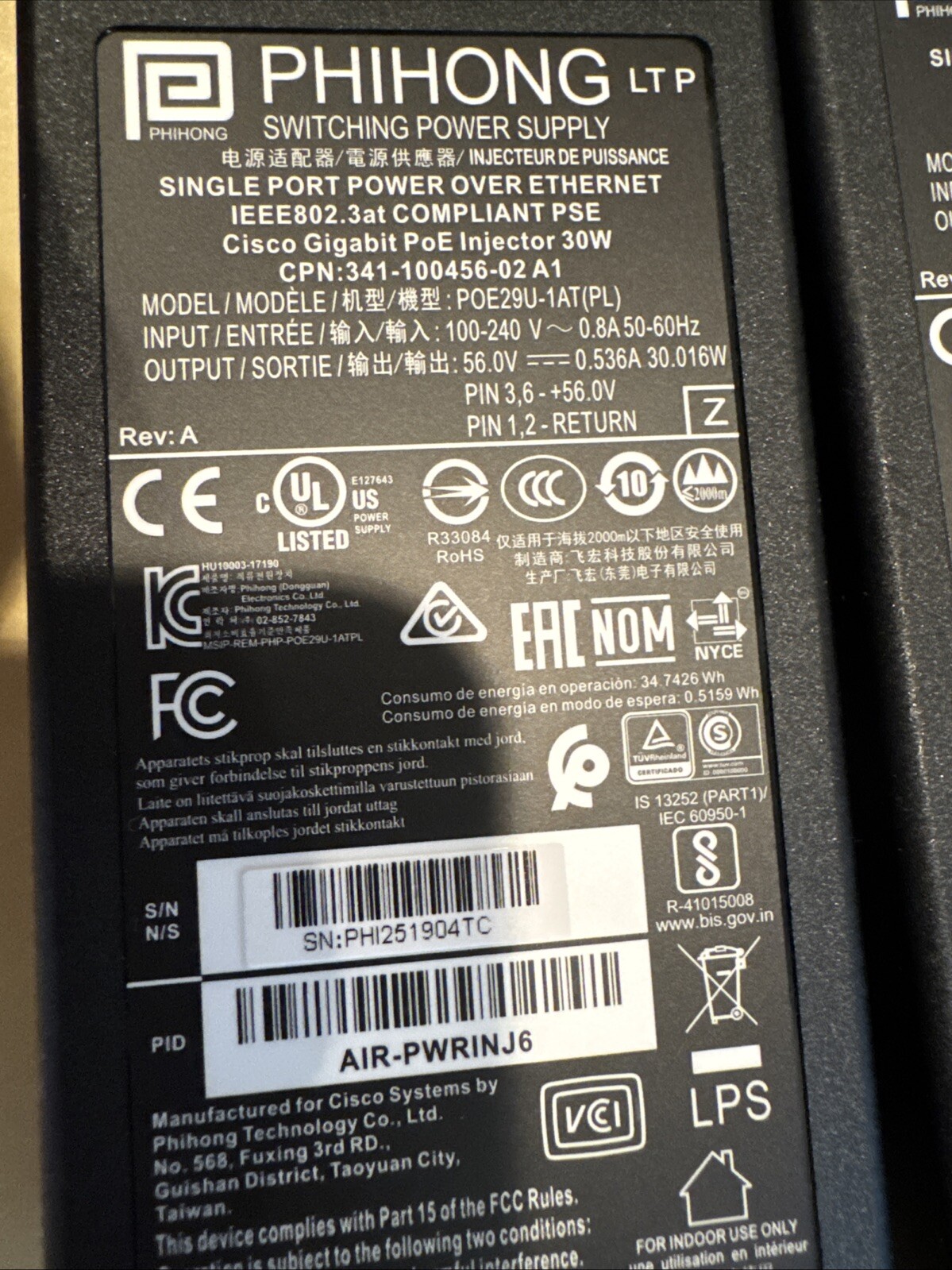 CISCO AIR-PWRINJ6 POE Power Module Adapter 30W 341-100456-02