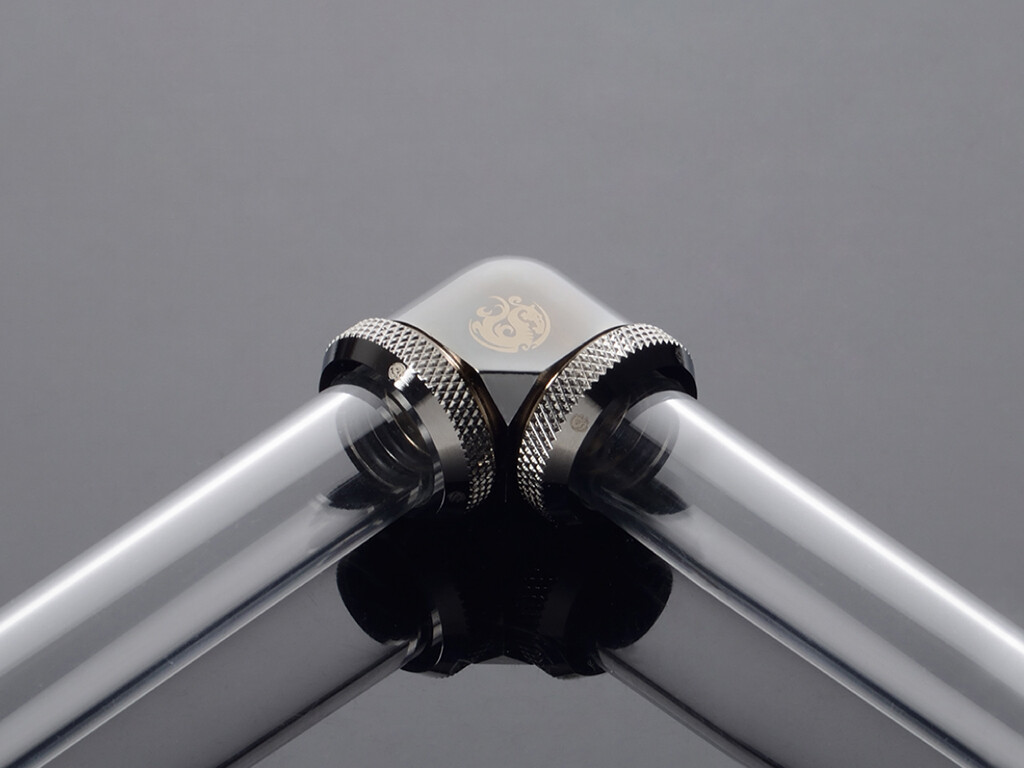 Bitspower Dual Enh Multi-Link Fitting, 16mm OD, 90 Degree Angle, Black Sparkle