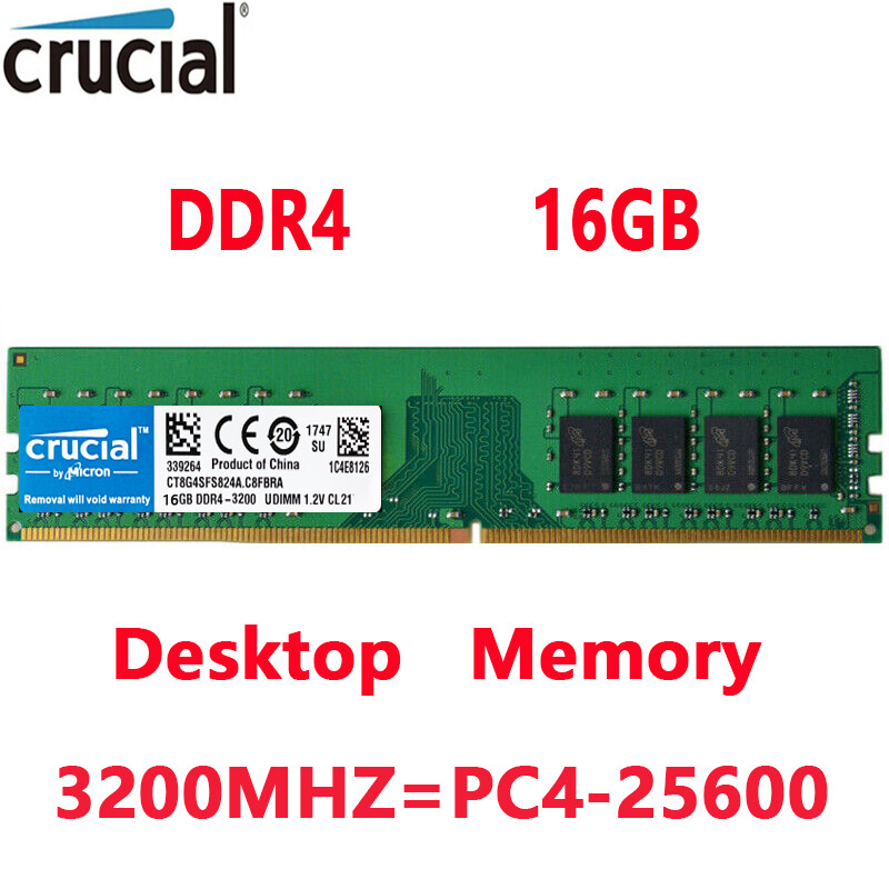 Crucial DDR4 16GB 3200 Mhz PC4-25600 288-pins Desktop Memory Dimm Ram 1 X 16GB