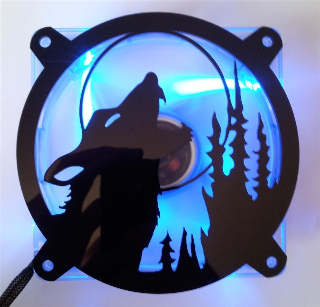 Custom 80mm HOWLING WOLF Computer Fan Grill Gloss Black Acrylic Cooling Cover