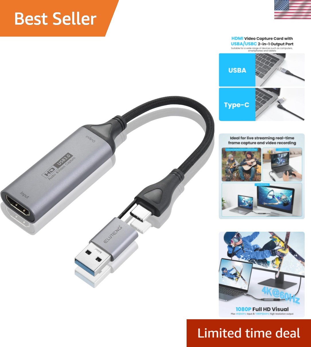 Compact 4K HDMI Capture Card with USB-A/USB-C – Perfect for Gamers & Creators