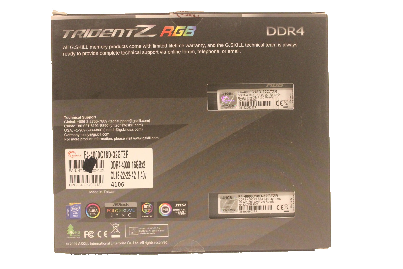 G. Skill Trident Z RGB 32GB (2x 16GB Kit) DDR4-4000 XMP DIMM/ F4-4400C18D-32GTZR