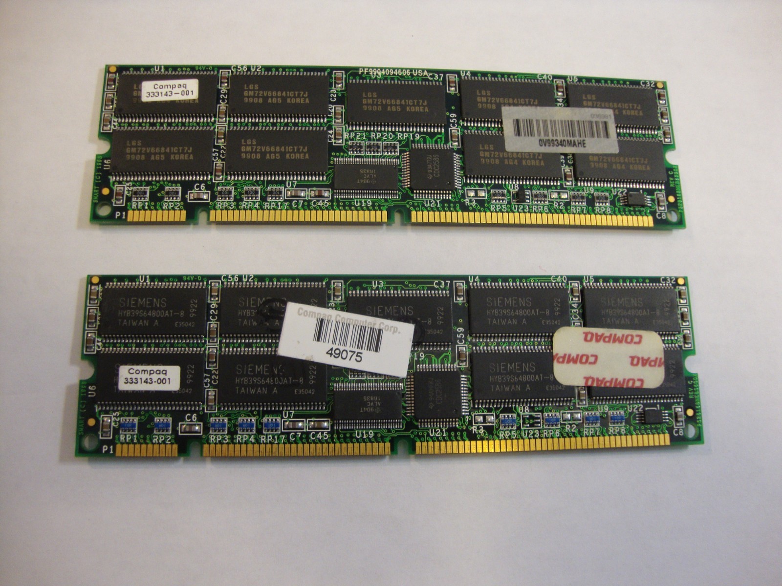 Two (2) COMPAQ 64MB PC-100 NON-ECC MEMORY SDRAM – P/N: 333143-001 Total 128MB