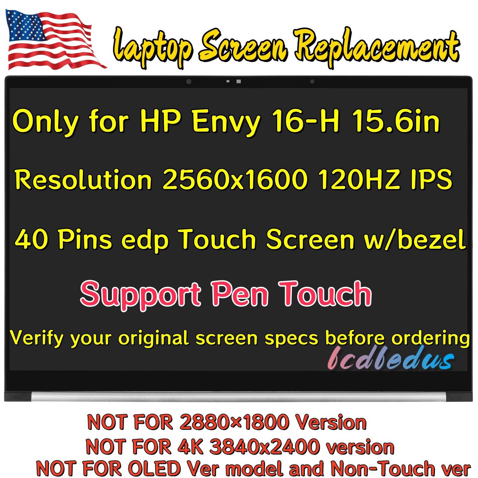 HP Envy 16-h1000 16-h1023dx 16 Touchscreen WQHD LCD Display Touch Screen w/Bezel