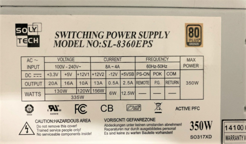 Lot Of 10 Soly Tech 350W Switching ATX Power Supply SL-8360EPS 80 Plus Bronze