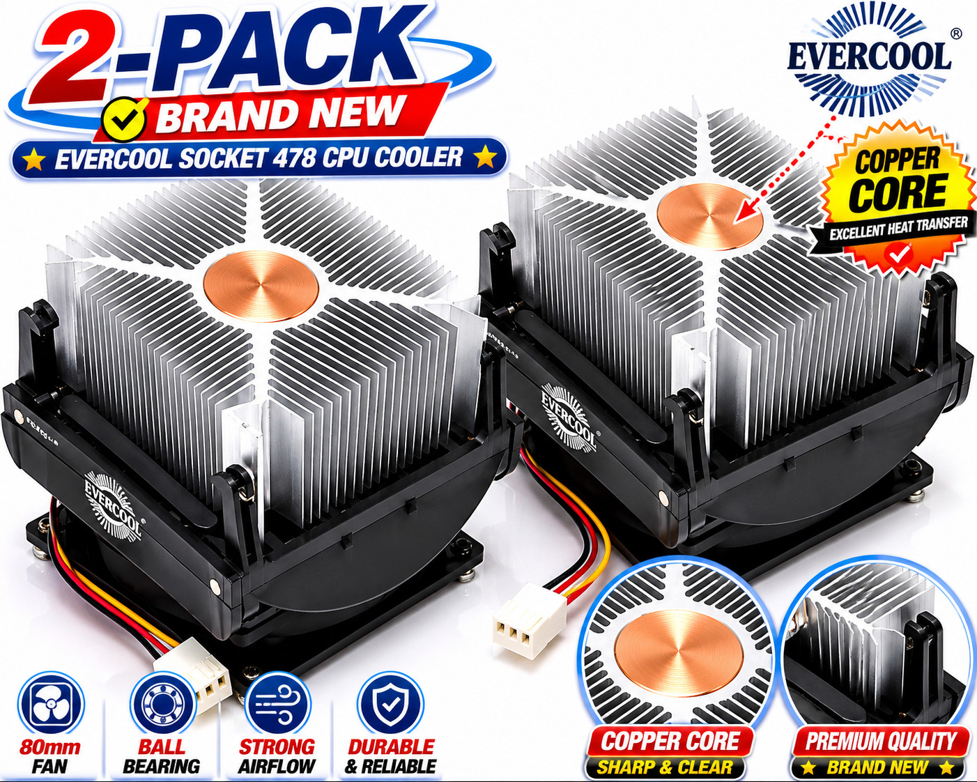 2-Pack EverCool Socket 478 CPU Cooler 80mm Fan Copper Core for Inte