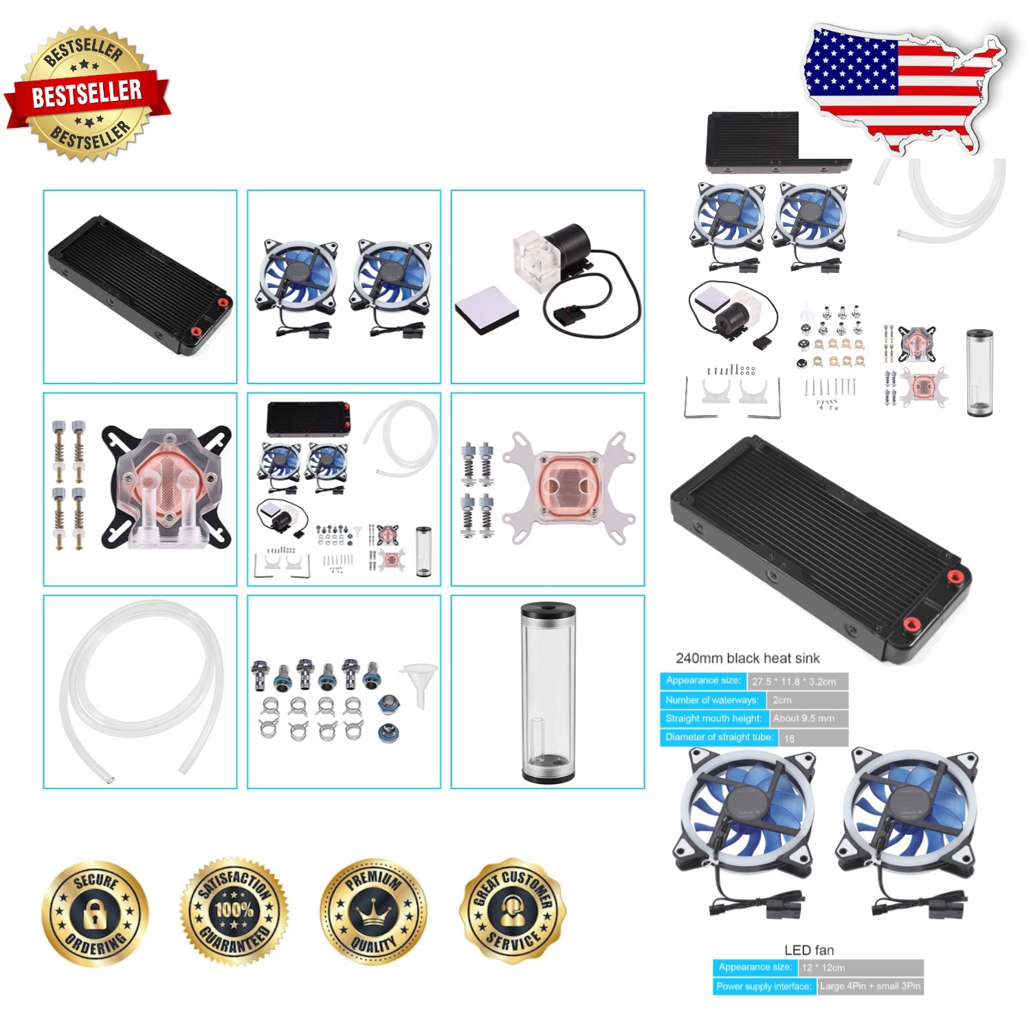 DIY 240mm Liquid CPU Cooler Kit Copper Block Reservoir LED Fans 9W High Capacity