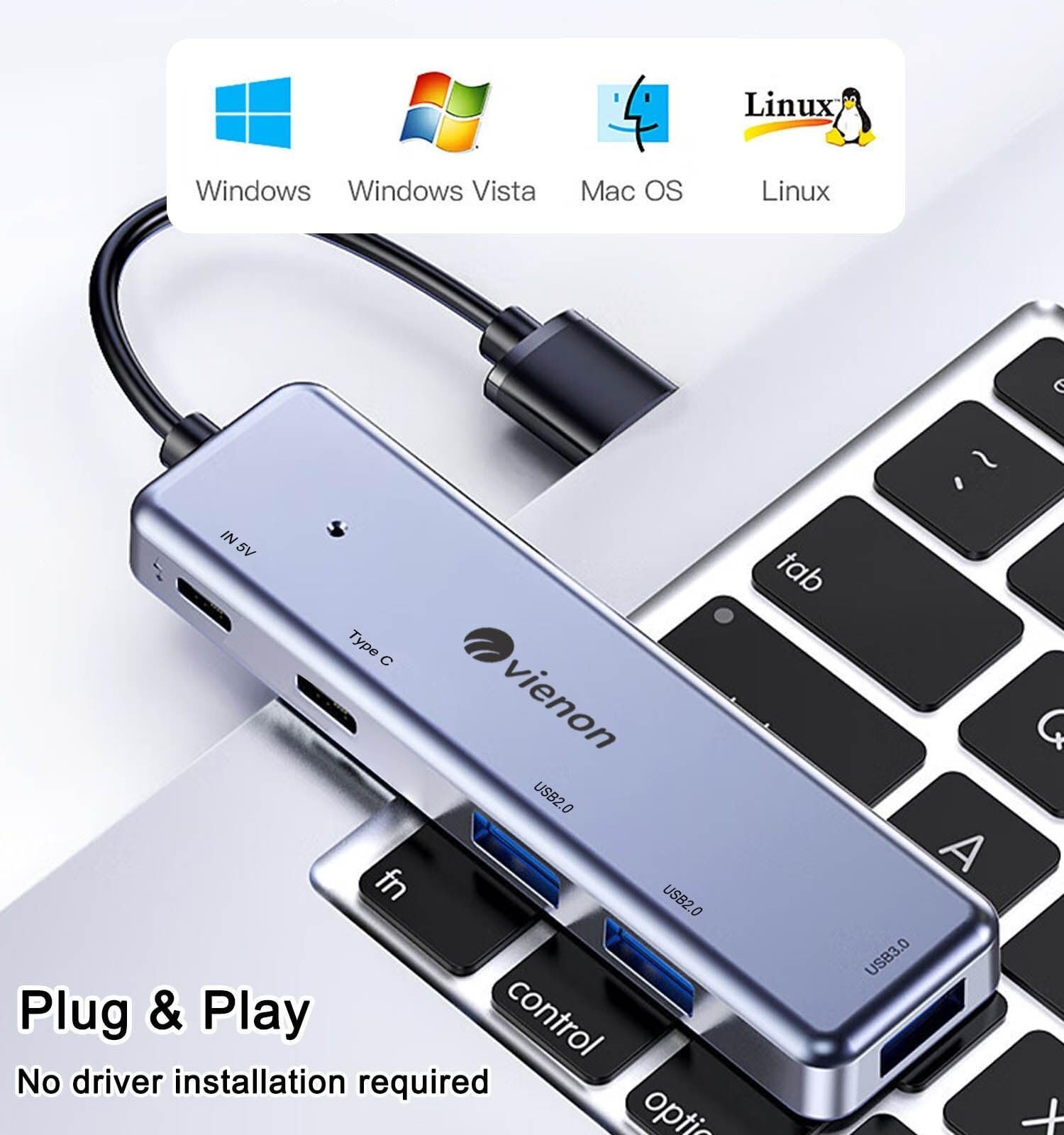 USB 3.0 Hub 5 in 1, USB Splitter with USB-C Power Port, USB-C Data Port, USB …