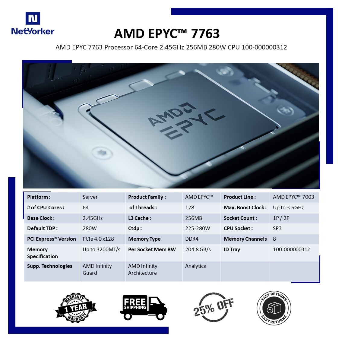 New – AMD EPYC 7763 Processor 64-Core 2.45GHz 256MB 280W CPU 100-000000312