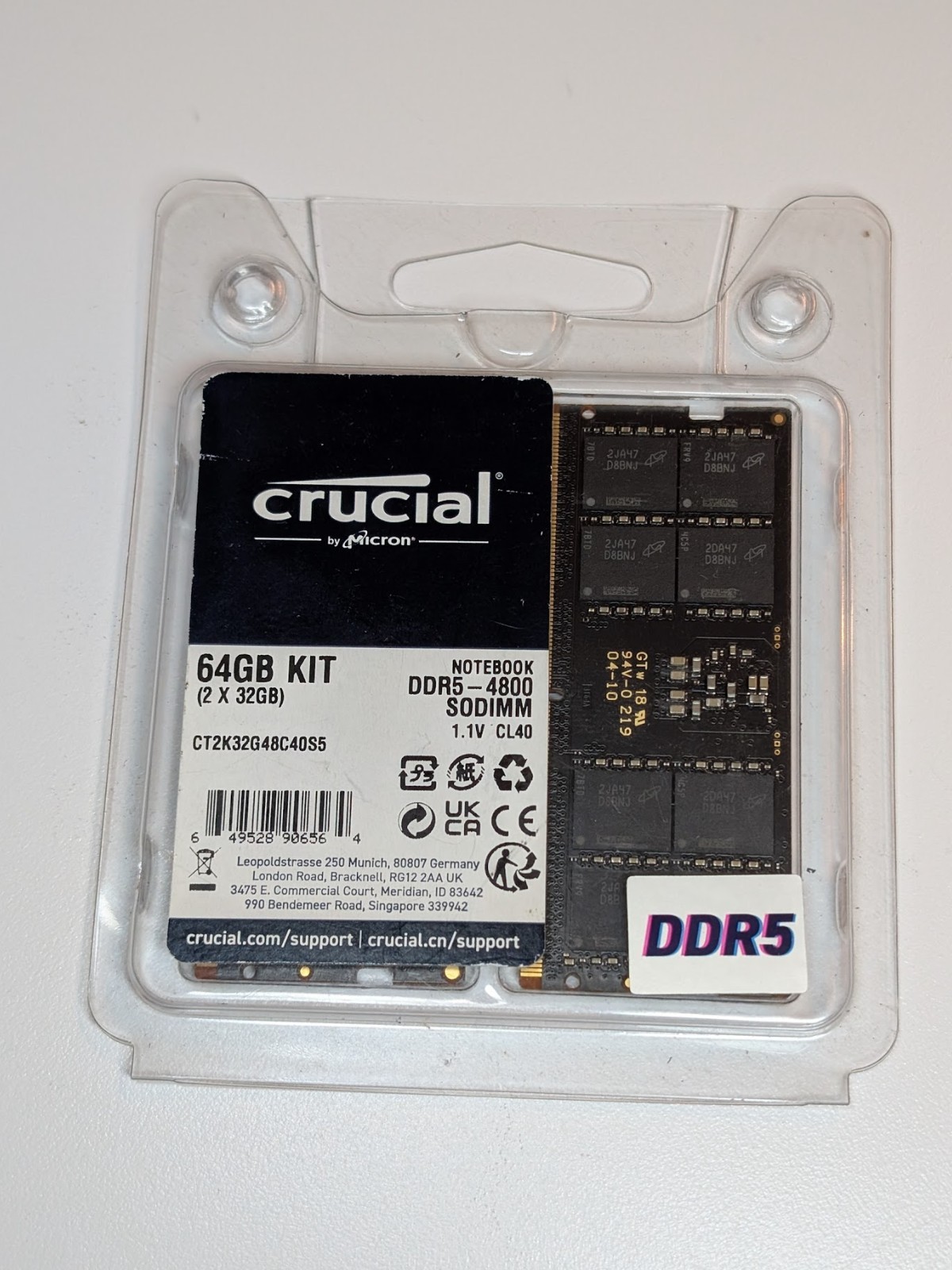 Crucial 64GB 2x32GB DDR5 4800 CL40 SODIMM Laptop Memory RAM Kit