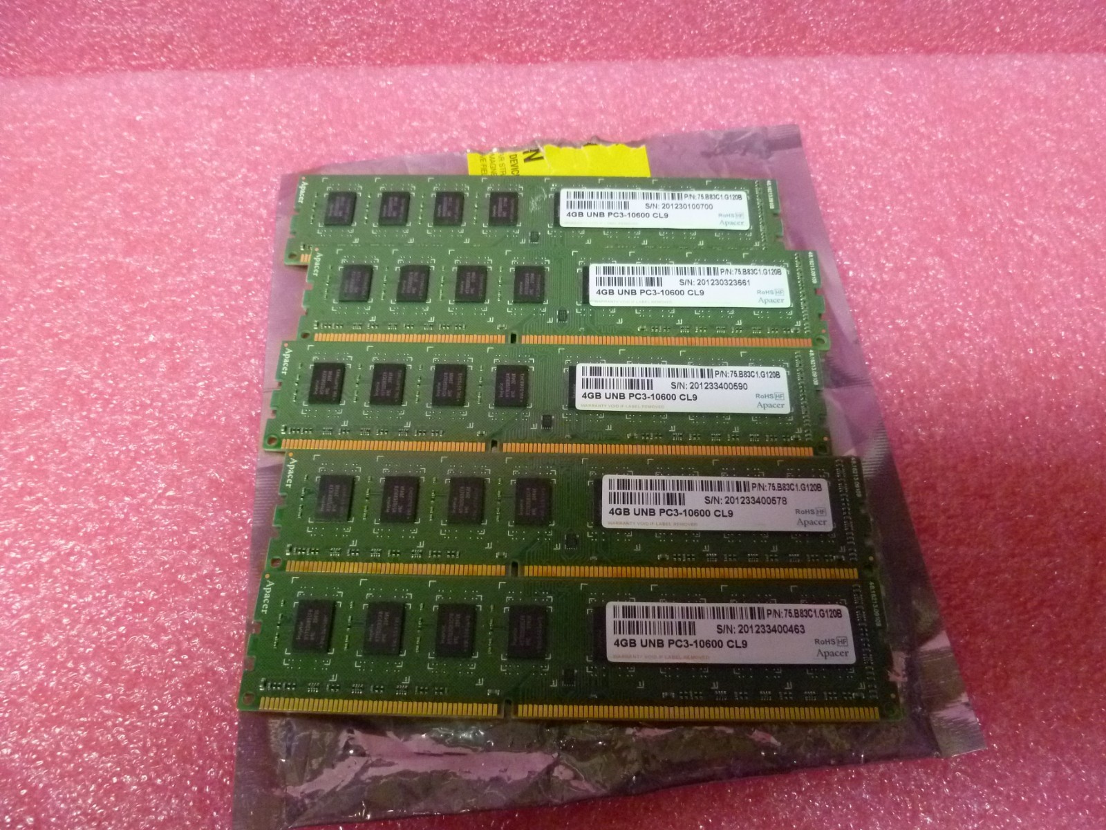 LOT OF 5 APACER 4GB UNB PC3-10600 CL9 DESKTOP Memory