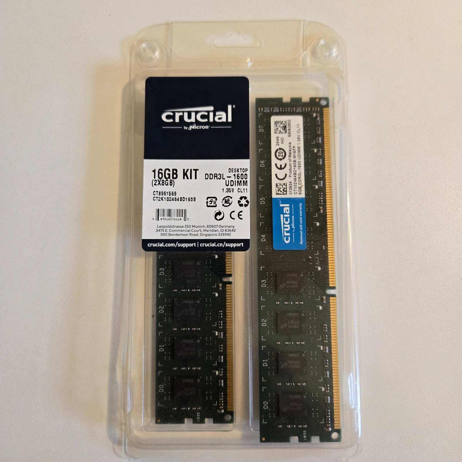 Crucial 16GB RAM Kit 2X8GB UDIMM PC3-12800 DDR3L-1600 CT102464BD160B Desktop