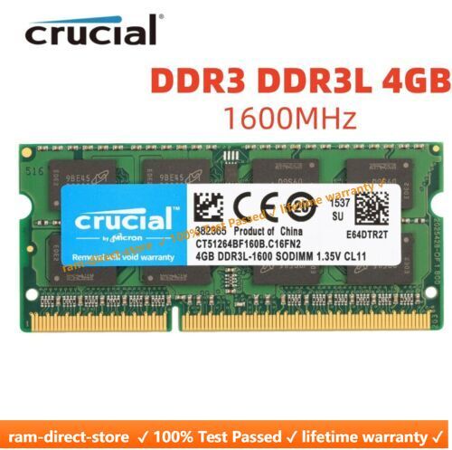 Crucial DDR3L 4GB 8GB 1600 PC3-12800 1.35V SO-DIMM RAM Memory Laptop Notebook