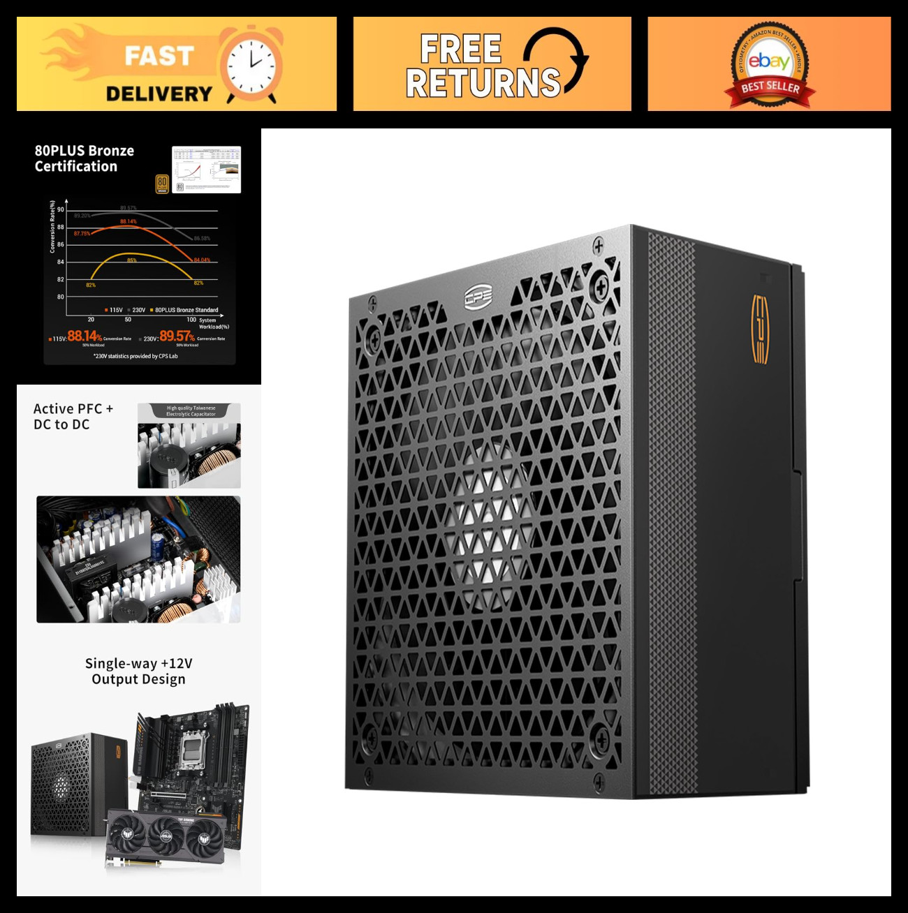 650W Power Supply Unit, 80 Plus Bronze, Non-Modular PSU, 135mm Fan, ATX 2.53