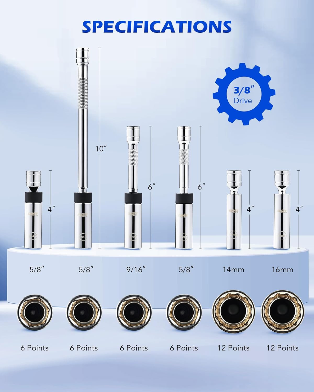 6Pc 3/8″ Magnetic Swivel Thin Wall Spark Plug Socket Set 14mm 16mm Cr-V