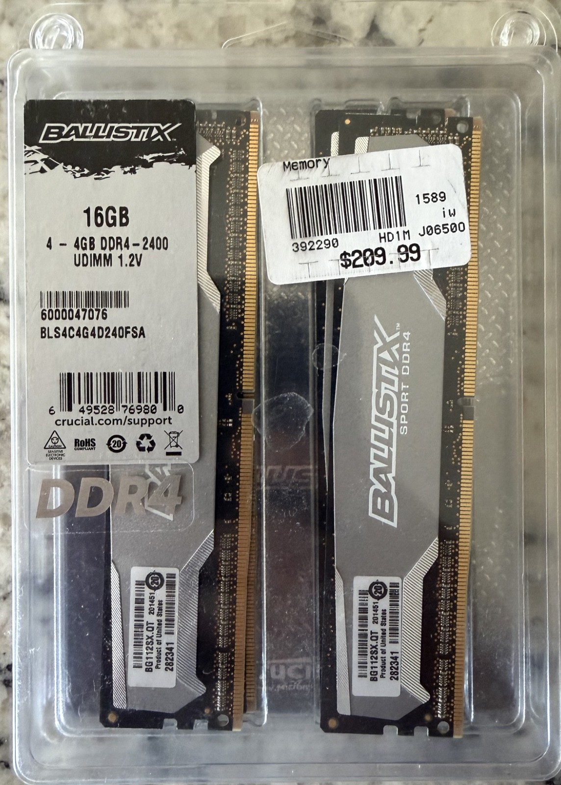 Ballistix 16GB Ram Kit 4-4GB DDR4-2400 CL16,  UDIMM 1.2V