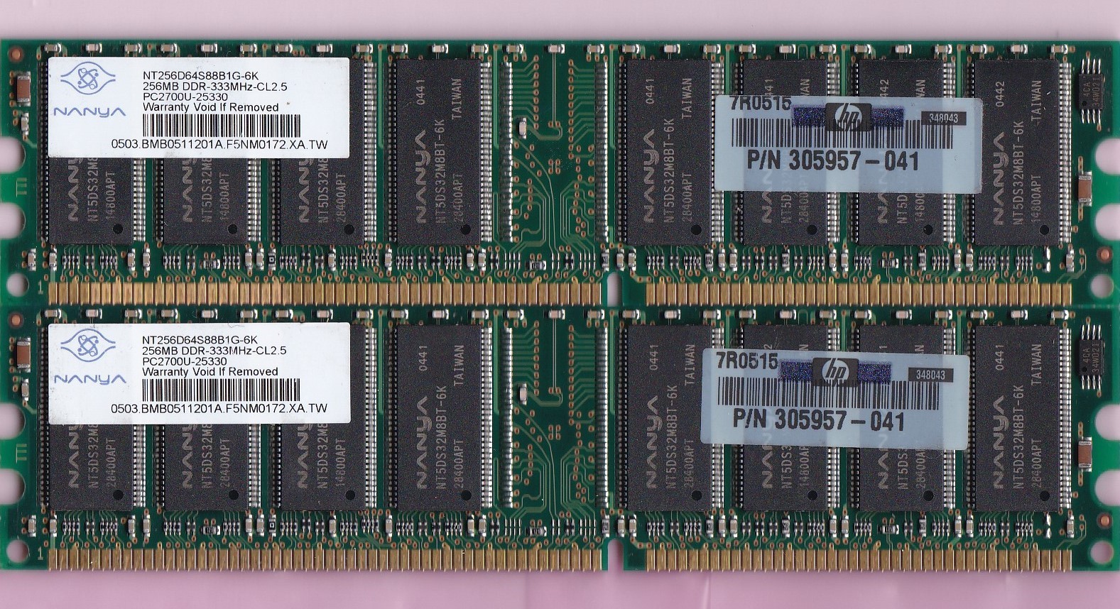 512MB 2x256MB PC-2700 NANYA DDR-333 RAM KIT NT256D64S88B1G-6K HP 305957-041 DDR1