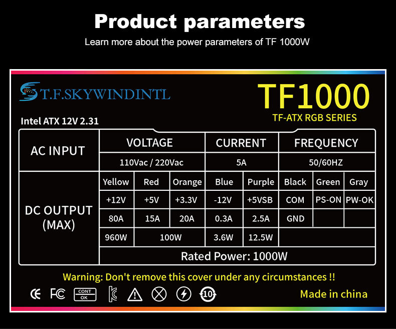 ATX 1000W Full Modular Power Supply, 80+ Bronze Dual CPU PC PUS with ARGB Fan