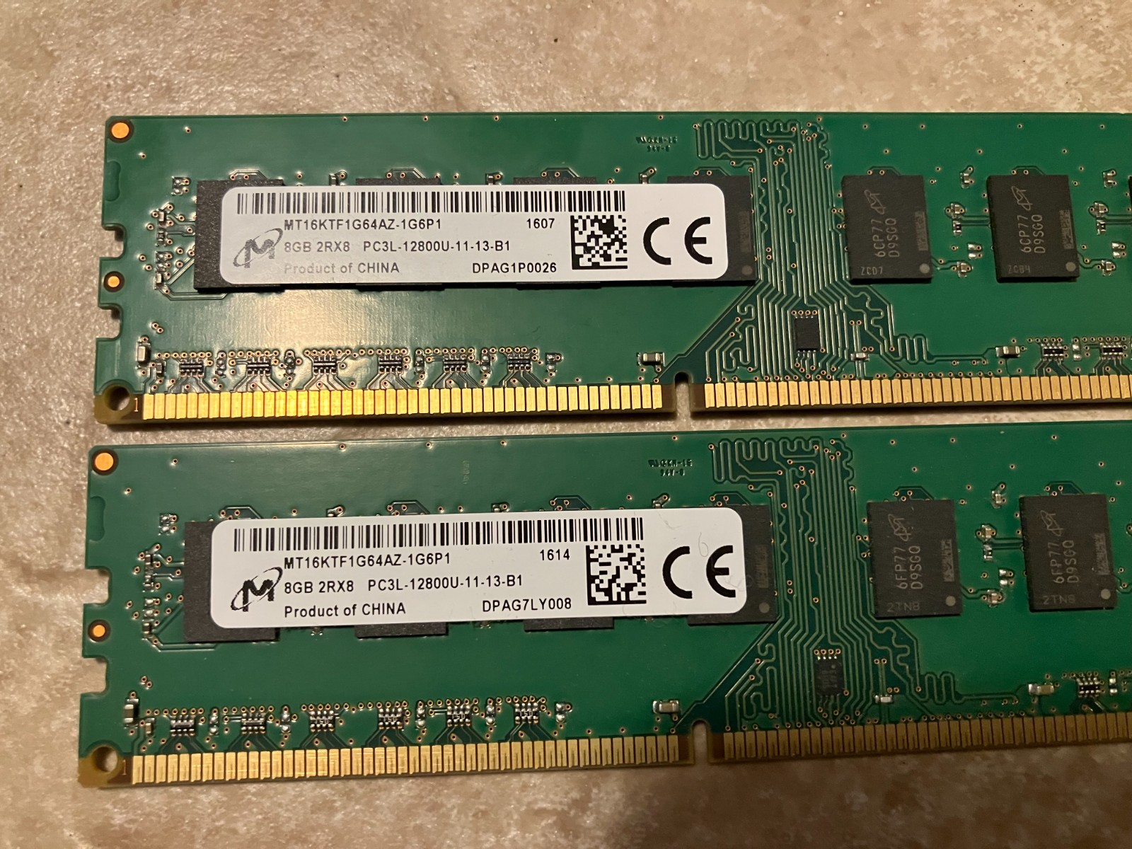 16GB Lot of 2 MICRON (2x8GB) 2Rx8 PC3L-12800U DDR3L-1600 Desktop Memory RAM